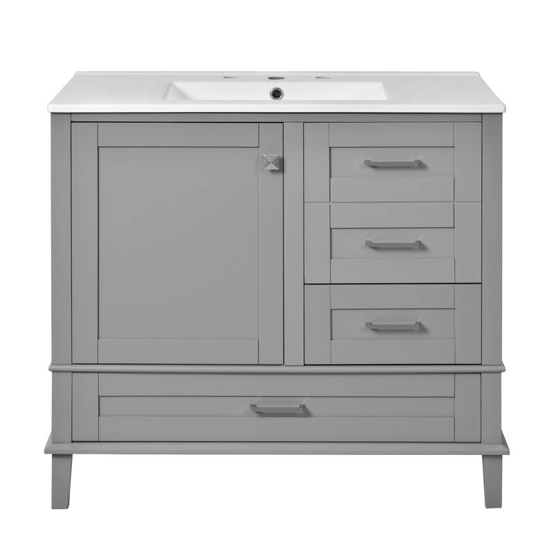 36" Bathroom Vanity with Solid Pine Frame, 1 Soft Close Door and 3 Drawers, Modern Storage Cabinet