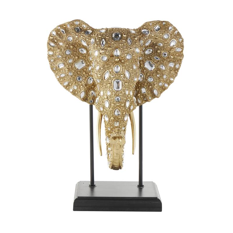 Resin Elephant Beaded Decorative Sculpture with Rhinestone Accents and Black Metal Stand - Gold - Roche River Decor