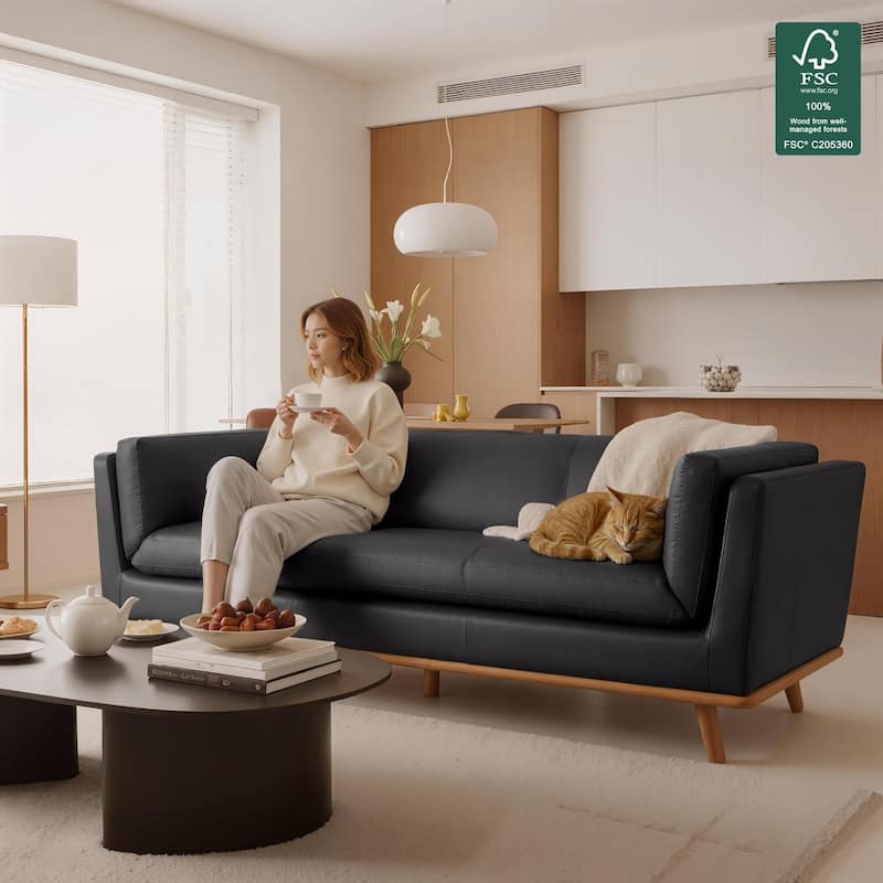 MCombo Napa Leather Couch, 88'' Leather Sofa, Full-Grain Leather Sofa for Solid Wood Accent, Vintage Italian Leather