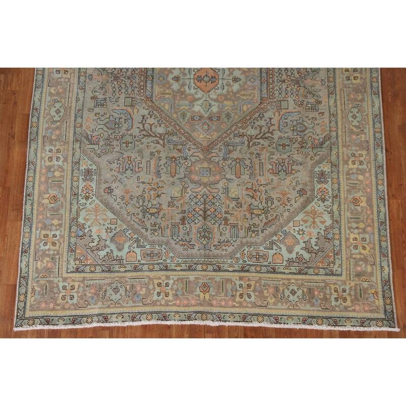 Hand Knotted Oriental 100% Wool Carpet Traditional Medallion Greys & Charcoal Tabriz Area Rug - 9' 8'' X 6' 9''