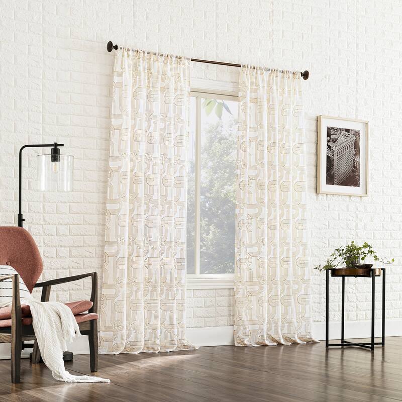 No. 918 Kaz Embroidered Retro Curves Sheer Rod Pocket Curtain Panel, Single Panel