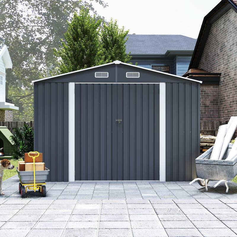 Outdoor Storage Shed 9×11 FT with 3 Lockable Doors,Utility Tool Shed Metal Storage Garden Sheds 4 Vents,Metal Sheds