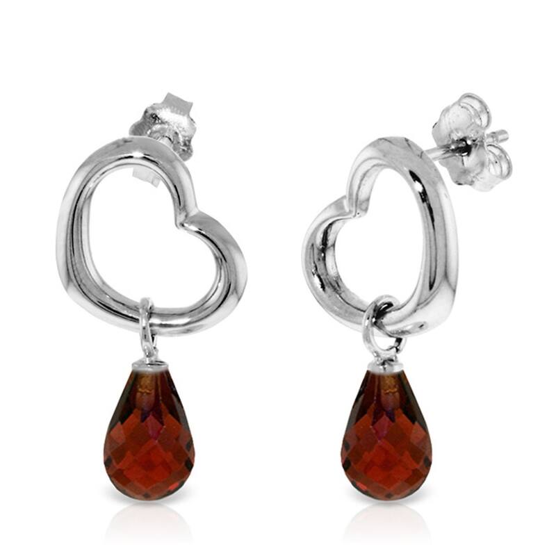 14K Solid Gold Heart Gemstone Earrings w/ Dangling Natural Garnets - White