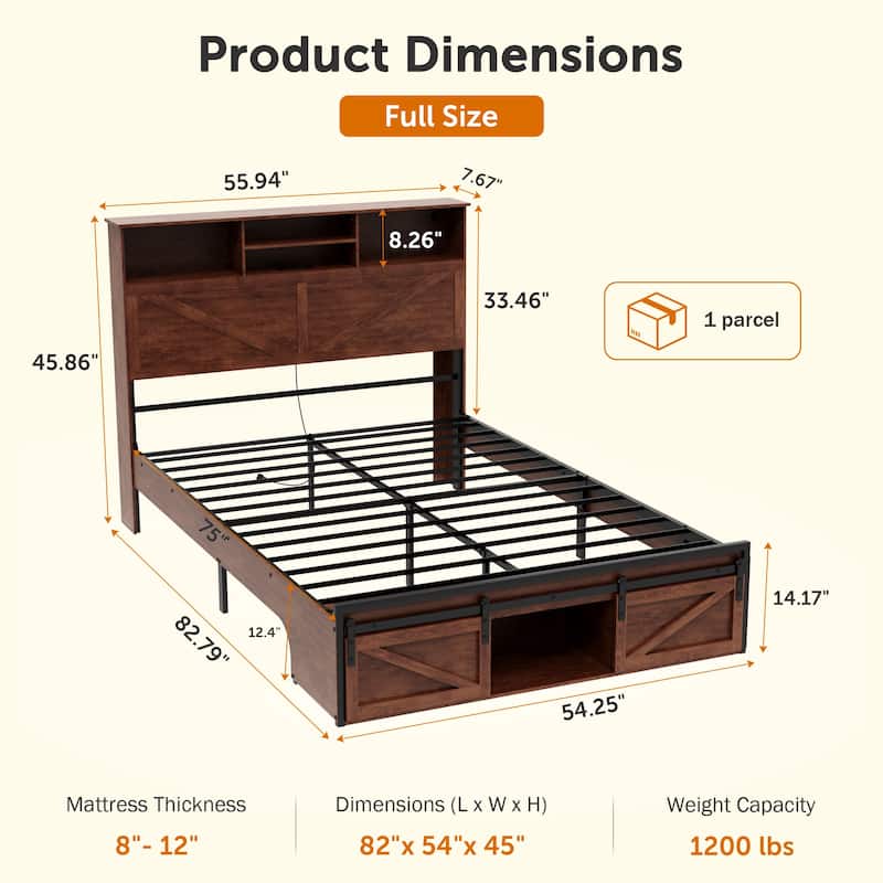 Brown Platform Bed Frame with Charging Station and LED Lights, Open Bookcase Headboard, Sliding Barn Door Storage at the Foot