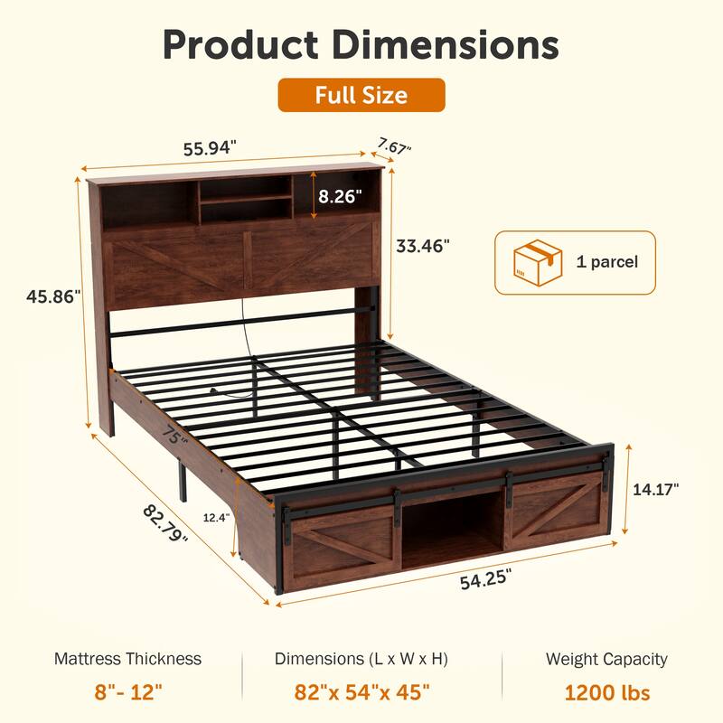 Farmhouse Storage Bed Frame with Storage Headboard, Charging Station and LED Lights, Optional Platform Bed with Drawers