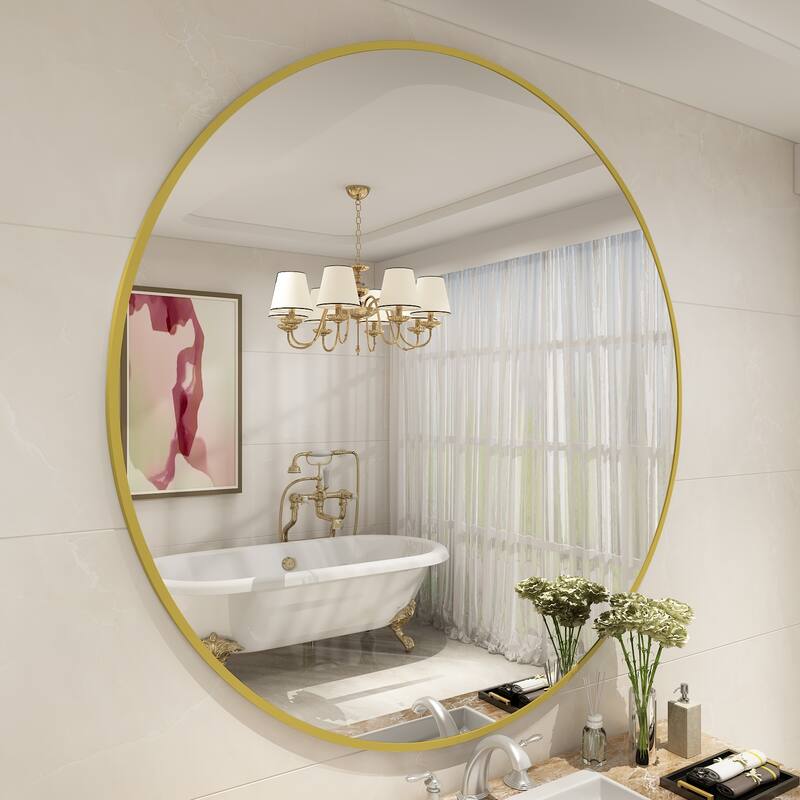 KIOTEE Full Length Round Aluminum Alloy Framed French Cleat Mounted Wall Decor Bathroom Vanity Mirror with 5-Year Warranty - 48x48 - Gold