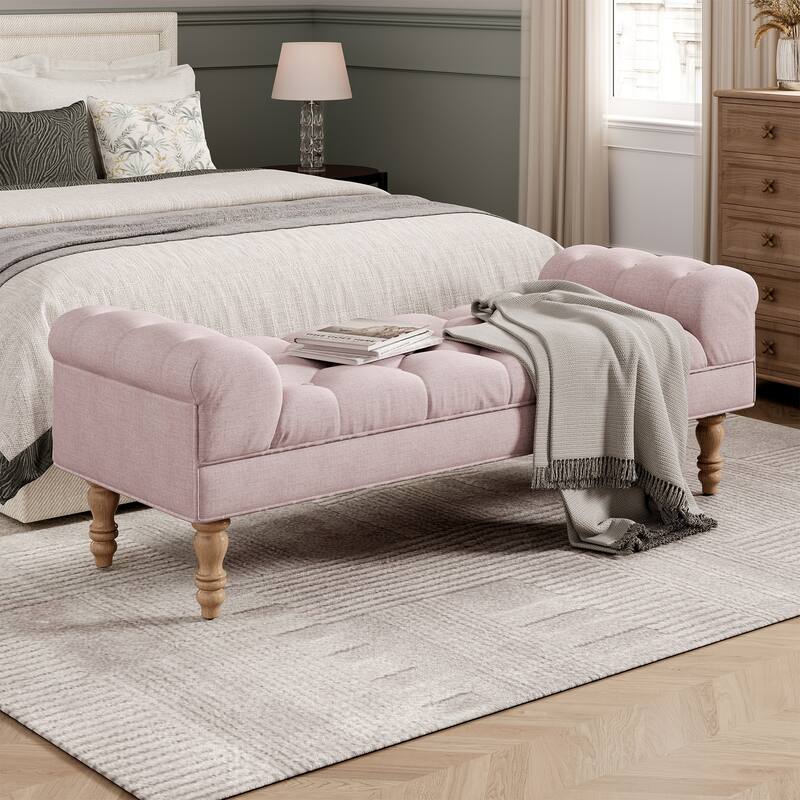 Beige Button-Tufted Ottoman with Legs - Indoor Upholstered Bench - Pink