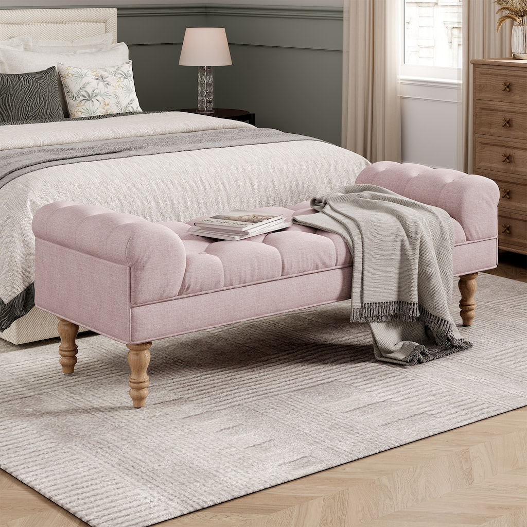 Beige Button-Tufted Ottoman with Legs - Indoor Upholstered Bench