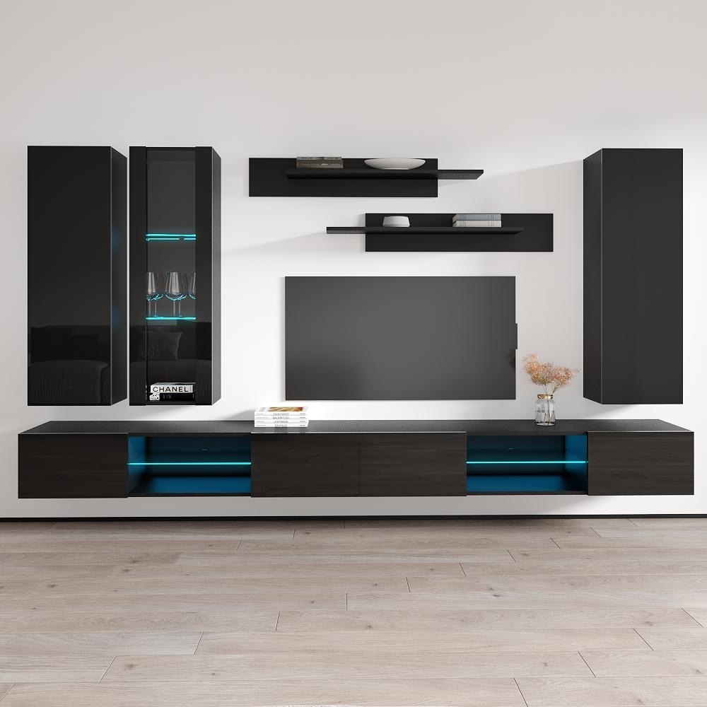Meble Furniture Fly EF4 Wall Mounted Floating Entertainment Center with LED Lights, High Gloss Modern TV Stand for up to 70" TVs