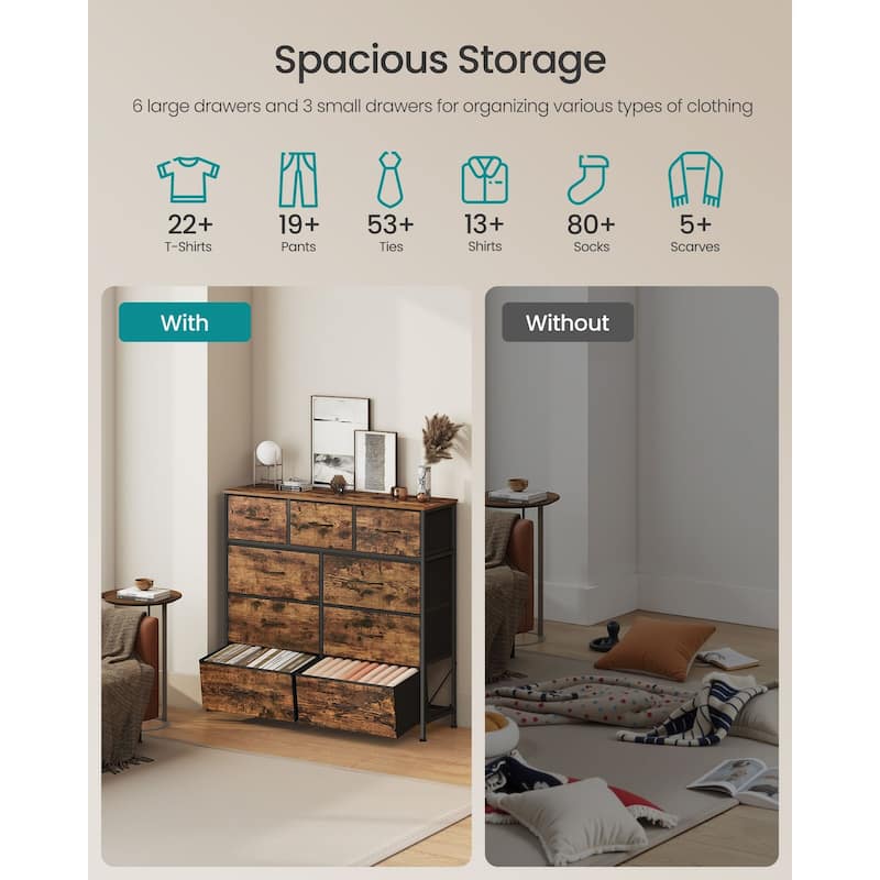 Drawer Fabric Dresser with Steel Frame & Wood Top Modern Storage Chest for Bedroom Closet or Living Room - Rustic Brown + Ink Black - 9-drawer