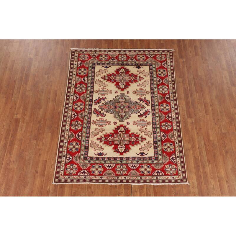 Kazak Oriental Area Rug Hand-Knotted Beige Geometric Wool Carpet - 5'1" x 6'7"
