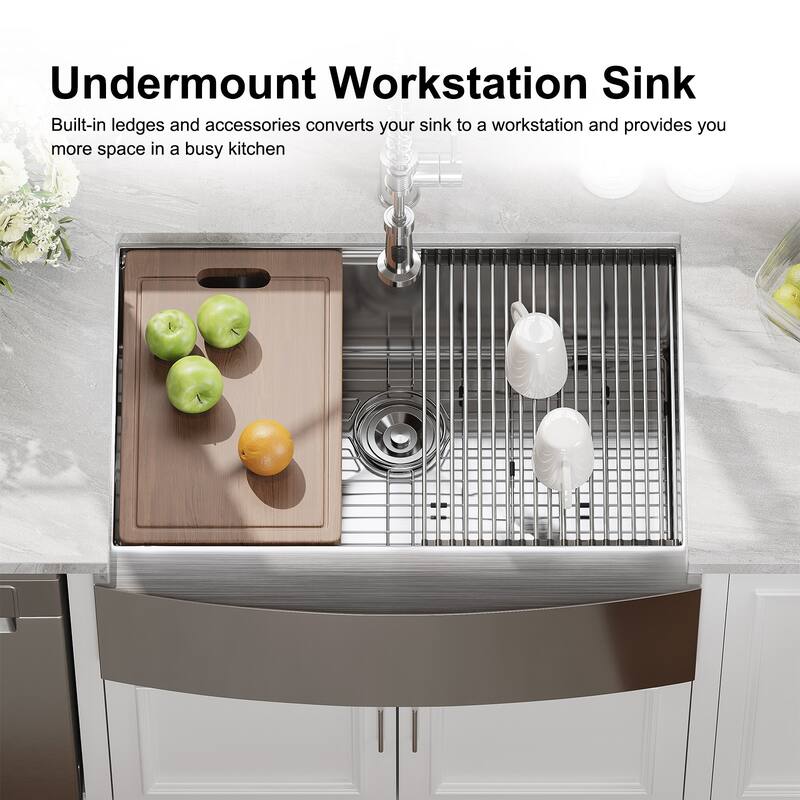 HOROW 33 in. Drop-In 18-Gauge Stainless Steel Workstation Kitchen Sink with Single Bowl and Built-In Ledge