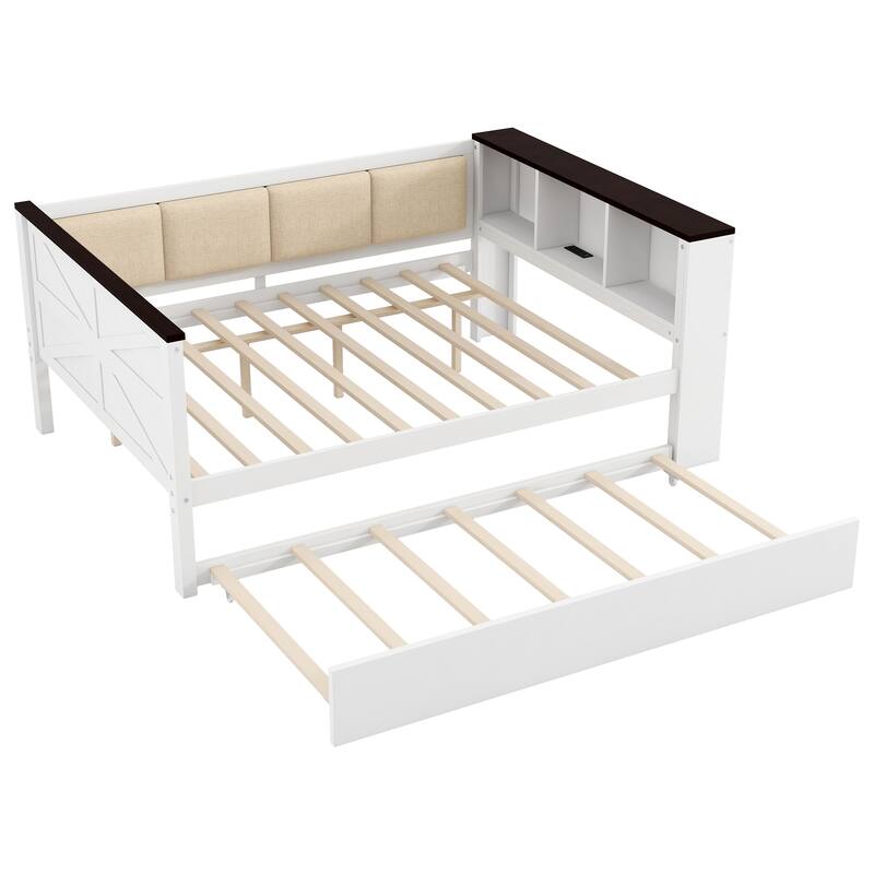 Roomfitters Twin/Full Wood Daybed with Storage Shelves, USB Ports and Trundle, White