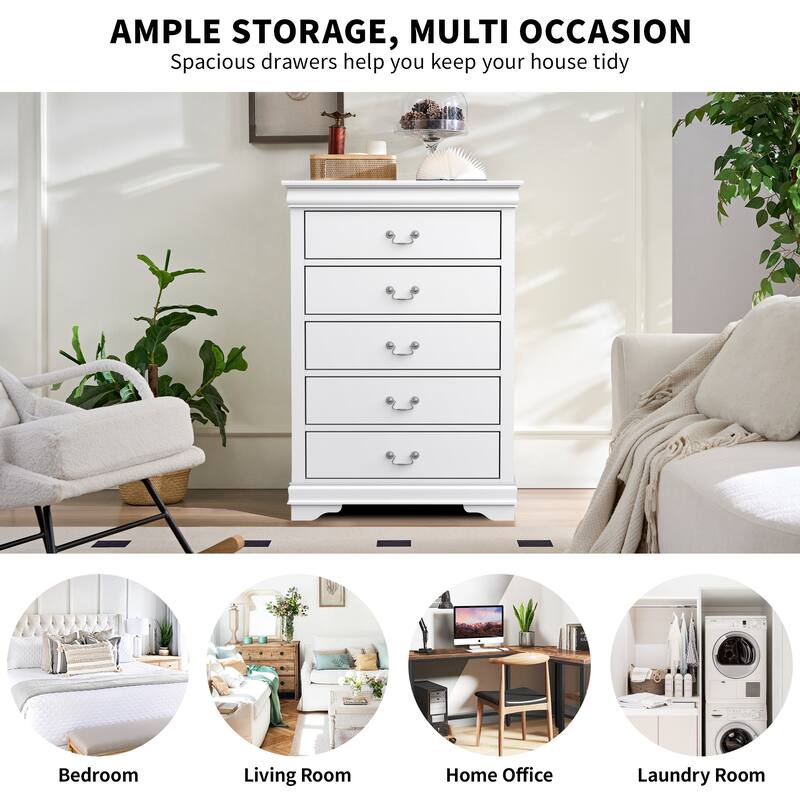 48" Tall Modern White Solid Wood 5-drawer Storage Chest
