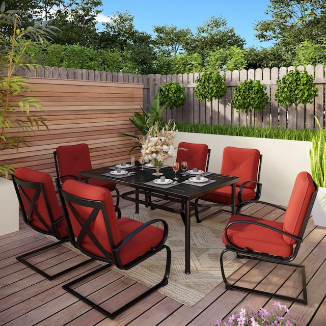 7/9 PCS Outdoor Patio Dining Set, 6/8 Spring Motion Chairs with Cushion, 1 Rectangular Expandable Table - 7-Piece Sets - Red+With Umbrella Hole