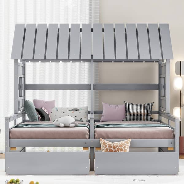 slide 2 of 20, Twin Size Wood House Platform Beds with 2 Drawers for Boy and Girl Shared Beds, Combination of 2 Side by Side Twin Size Beds Grey - Twin
