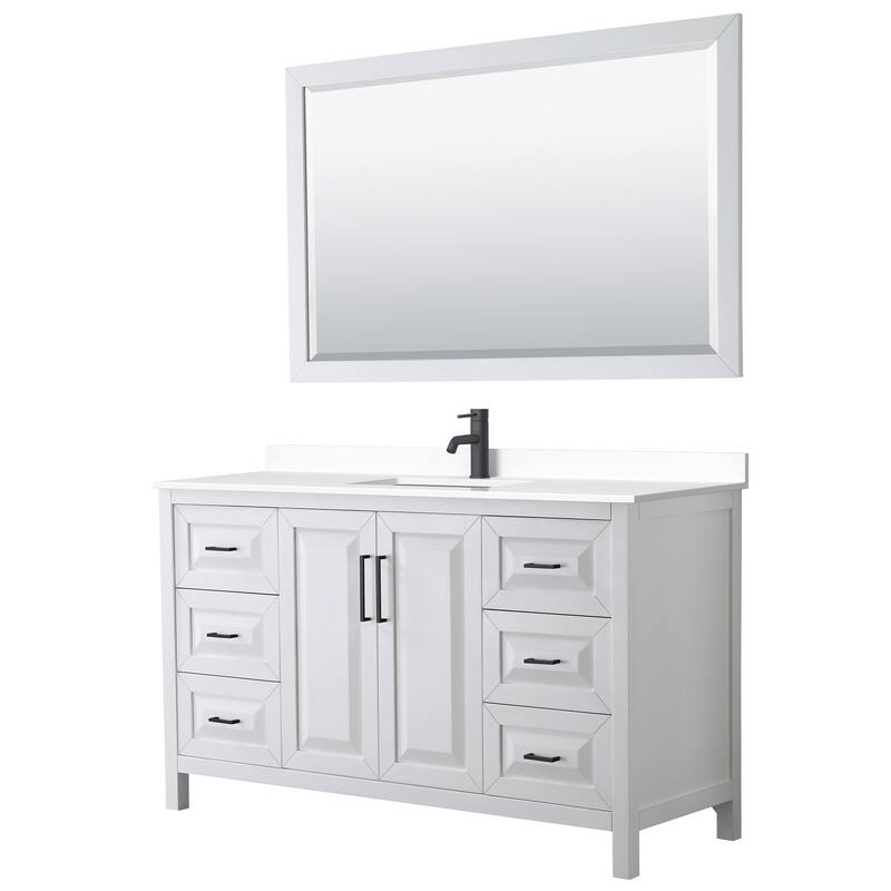 Daria 60 Inch Single Vanity, Cultured Marble Top, 58 Inch Mirror - White, Black Trim, White Cultured Marble Top