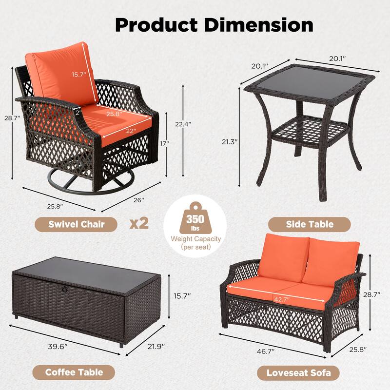 Outdoor Wicker Patio Set w Swivel Chairs & Sofa, Ottomans and Tables, Modular 3/5/6/7-Piece, All-Weather Conversation Set.