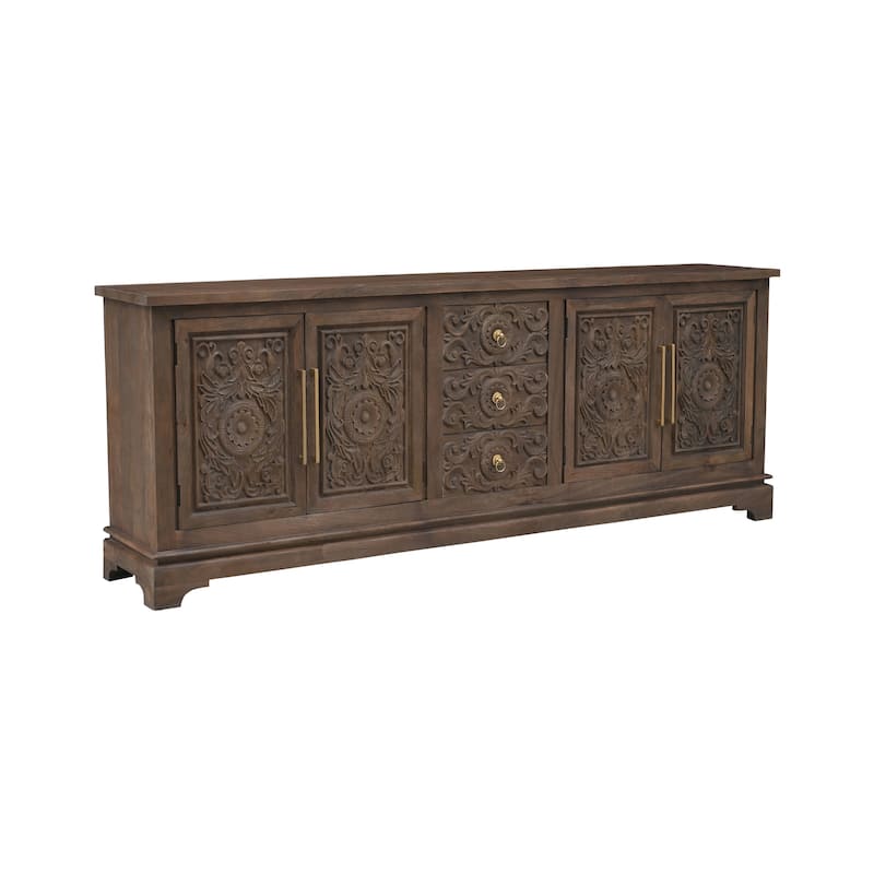 HomeRoots 106" Brown Distressed Solid Wood Carved Floral Three Drawer Sideboard with Four Doors