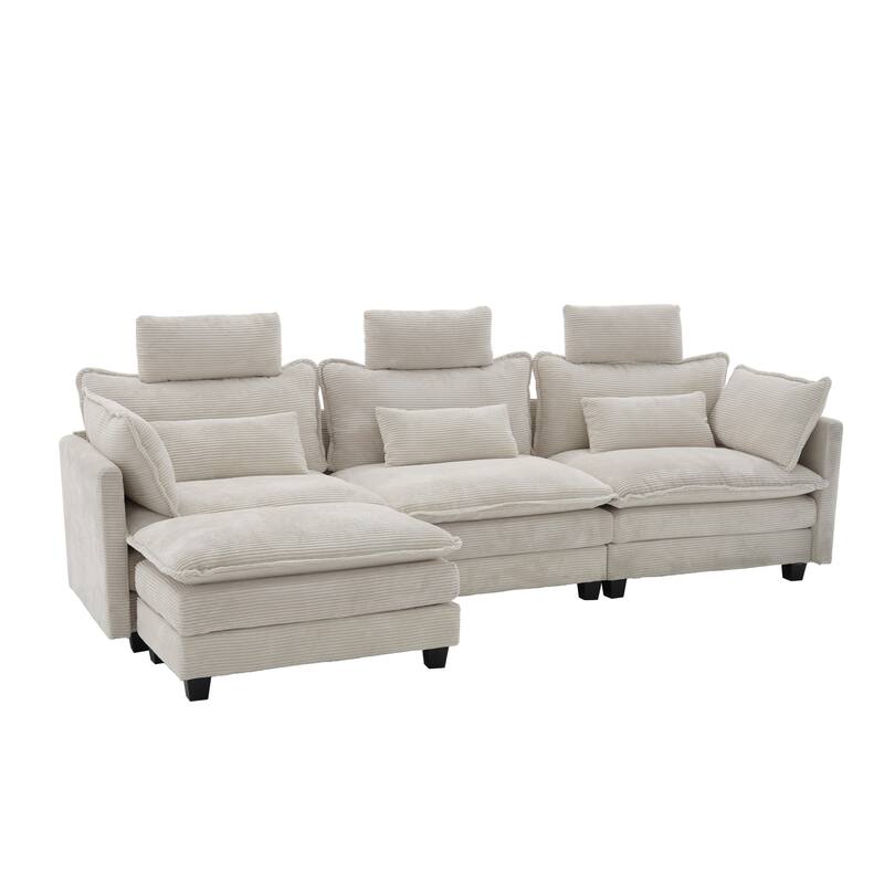 Modern Cream Corduroy 4-Seater Sectional Sofa with Adjustable Headrests, Pocket Spring Seats & Chaise Lounge