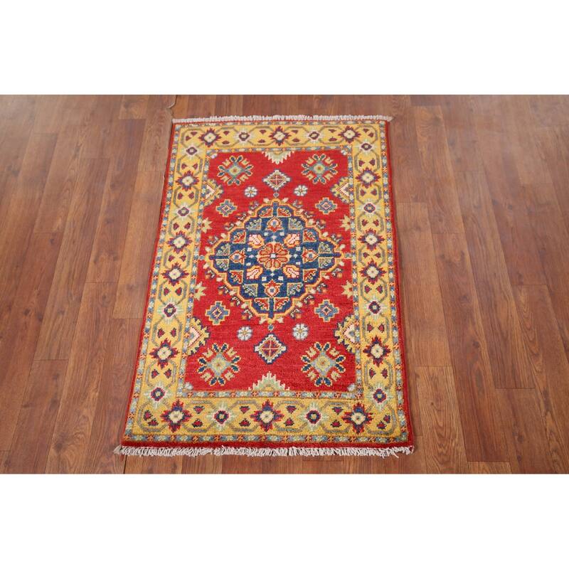 Geometric Red Kazak Oriental Accent Rug Hand-Knotted Wool Carpet - 2'0" x 3'0"