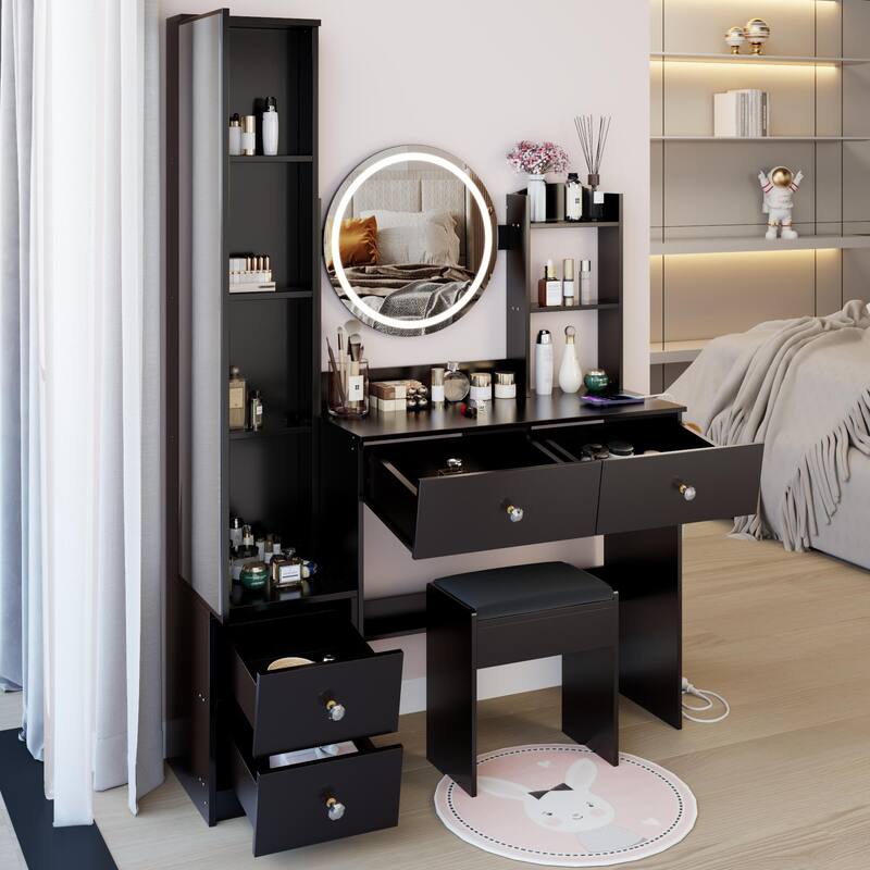 Full Body Mirror Cabinet +Round Mirror LED Vanity Table +Cushioned Stool,With 2 AC + 2 USB Power Station,17"Diameter LED Mirror