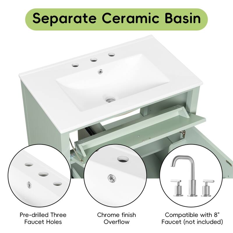 30/36 Inch Bathroom Vanity, Bathroom Sink Cabinet, Freestanding Bathroom Storage Cabinet with Ceramic Basin