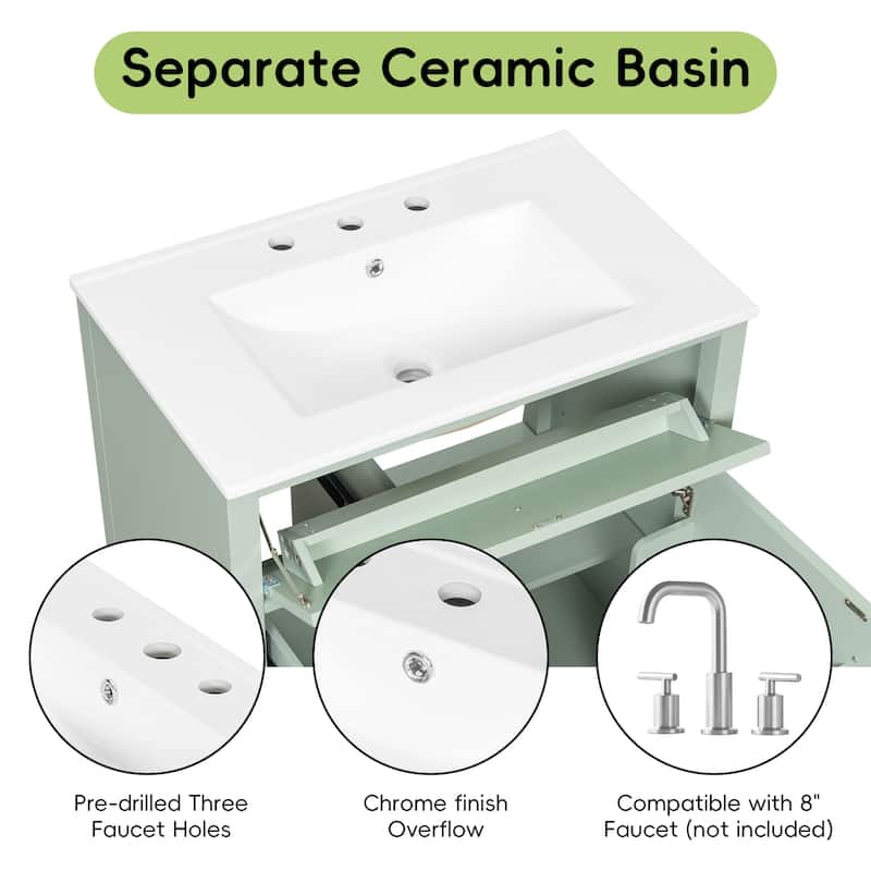 30-Inch Bathroom Vanity with Sink, MDF and Solid Wood Cabinet, 3 Drawers and Adjustable Shelf, Freestanding Design