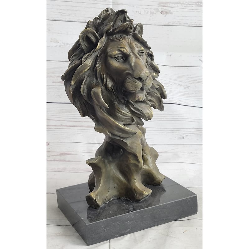 Male Lion Abstract Modern Bust Statue Sculpture Bronze Metal On Marble 12 Inches X 7 Inches