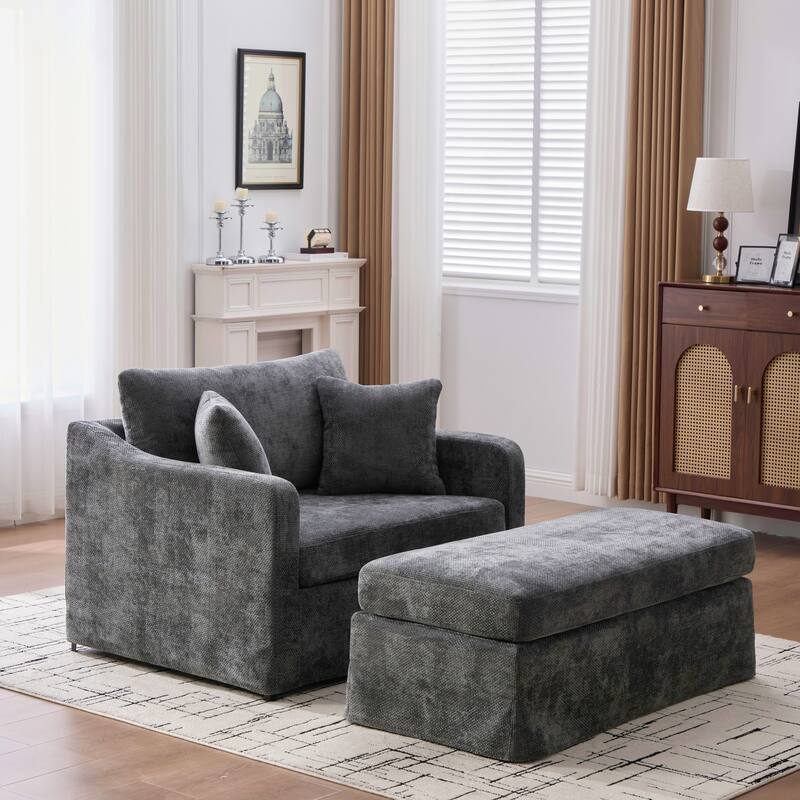 Set of Modern Chenille Accent Chair and Storage Ottoman