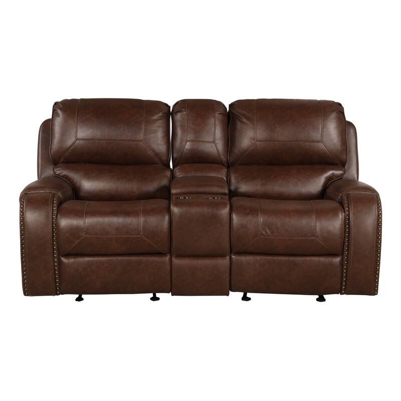 Brown Leather-Air Nailhead Manual Reclining Loveseat With Storage Console