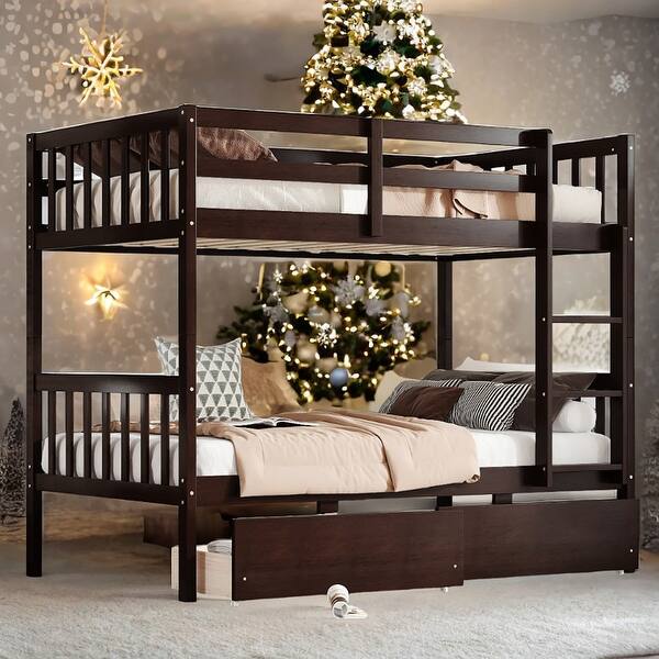 slide 2 of 7, Twin over Twin Bunk Bed, Convertible into 2 Twin Beds with 2 Drawers, Ladder and Safety Guardrails Espresso