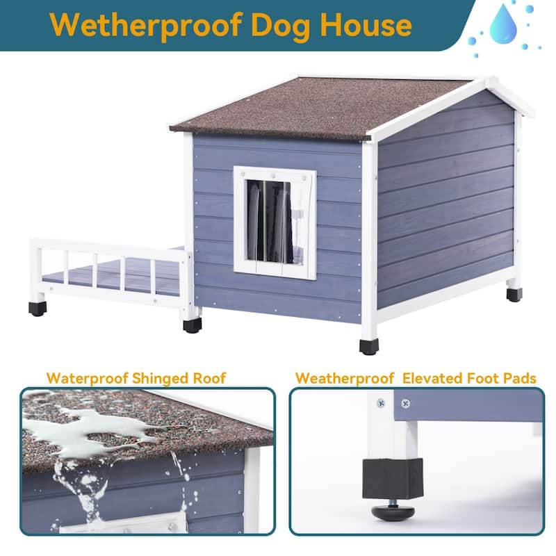Large Wooden Dog House with Roof & Terrace for Small & Medium Dogs