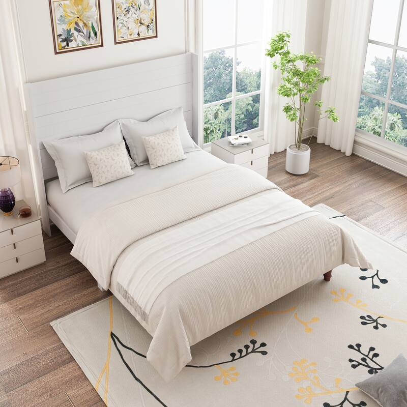 Low Profile Platform Bed High Headboard Wingback Bed with Wood Support