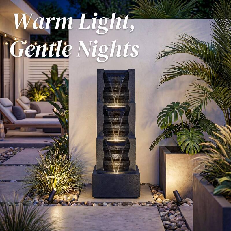 3 Tier Stone Look Lighted Water Fountain Modern Stacked Patio Decor