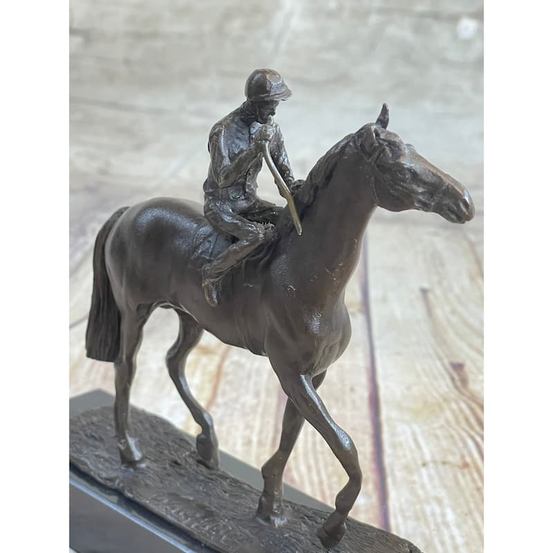 Miniature Jockey On Horse Equestrian Bronze Statue Sculpture Figurine Decor Marble Base 6 Inches X 6 Inches