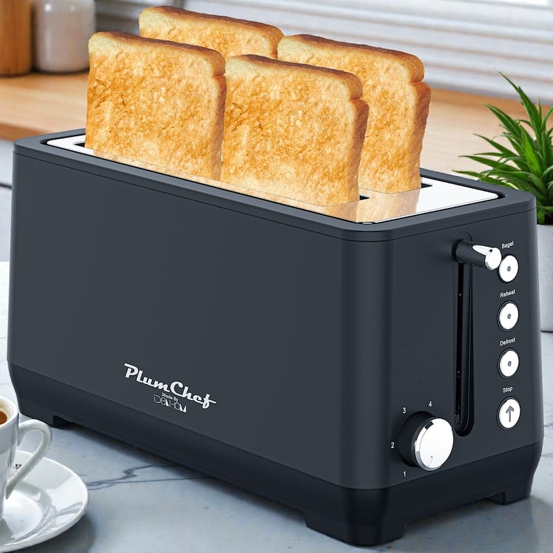 4 Slice Extra Wide Long Slot Toaster with Warming Rack, Stainless Steel 1500W, Bagel Defrost Reheat - Blue