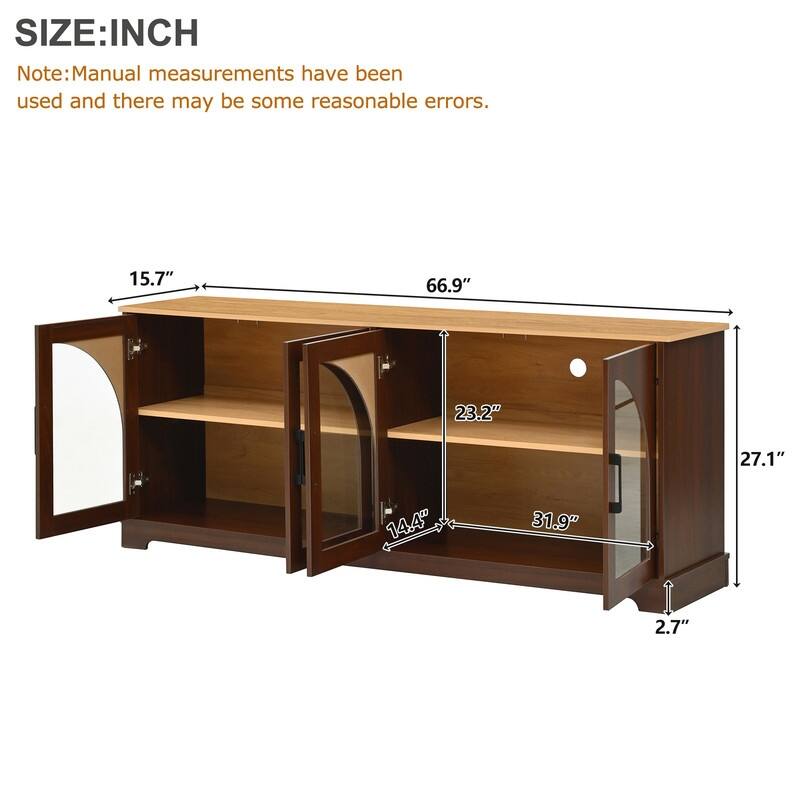 Farmhouse 66.9" TV Stand for TVs Up to 70", Wood Media Console with Adjustable Shelves and Glass Doors