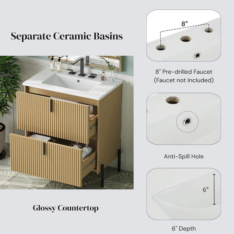 30" Bathroom Vanity with Ceramic Sink, Fluted Design, Full-Extension Drawers, Soft Close Drawer Slides