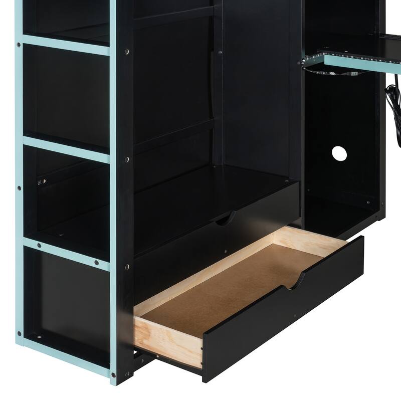 Full Size Wood Loft Bed with Desk, Wardrobe, Ample Storage Space, and RGB Light