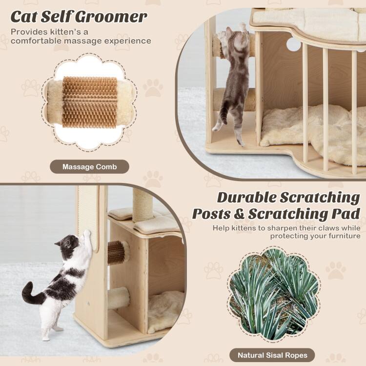 55 Inch Tall Multi-Level Cat Tree with Washable Removable Cushions-Natural - natural