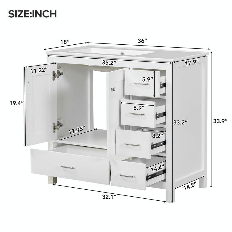 36" White Bathroom Vanity with Ceramic Sink Combo, Ample Storage Cabinet - 2 Soft-Close Doors and 5 Drawers