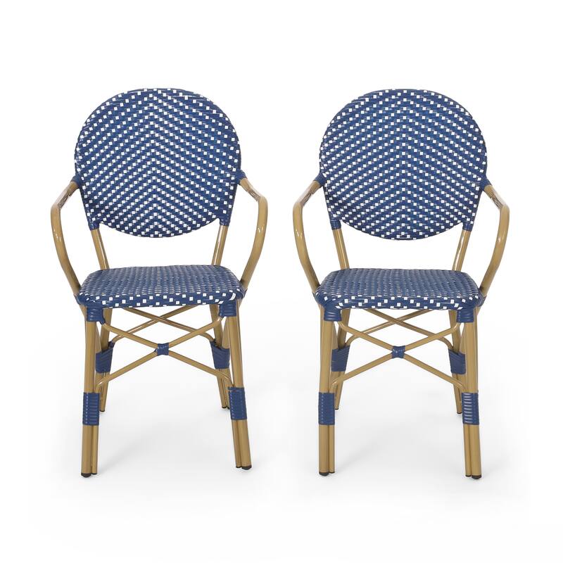 Roomfitters French Bistro Chair Set of 2, Outdoor Rattan Patio Dining Chairs with Armrests, Lightweight Stackable Design, Blue
