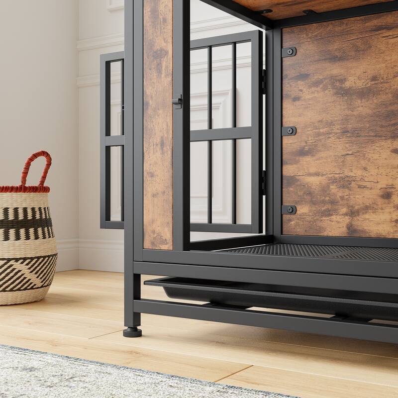 Dog Crate Furniture,Wooden Dog Crate Table,27.48" Dog Kennel with 2 Sliding Doors and Thick Iron Door Frame,Decorative Pet House