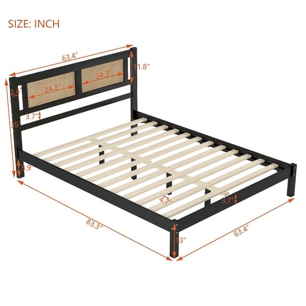 dimension image slide 1 of 2, Queen Size Wooden Platform Bed with Natural Rattan Headboard, Exquisite Elegance with Minimalist Charm for Bedroom, Black