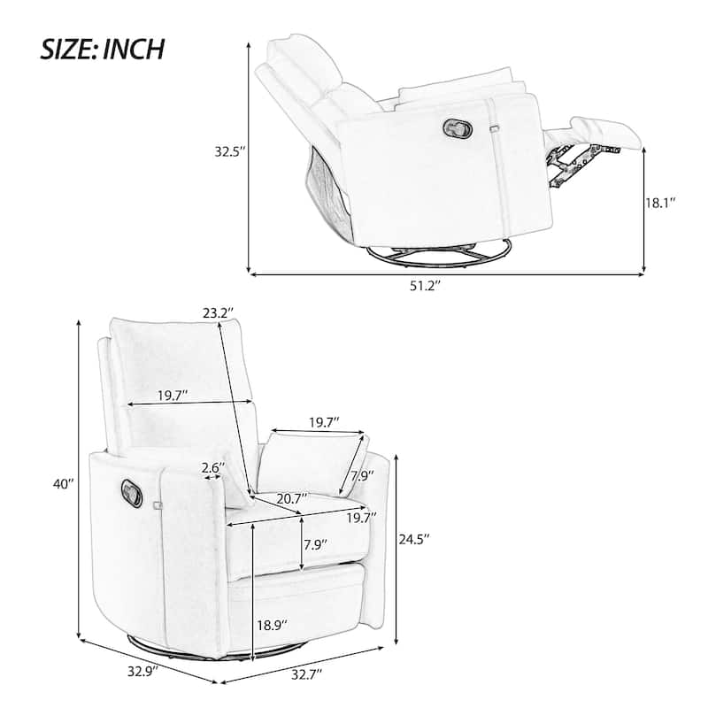 Beige Manual Rocker Recliner featuring 360° Swivel and Adjustable Backrest, Includes Two Removable Cushions