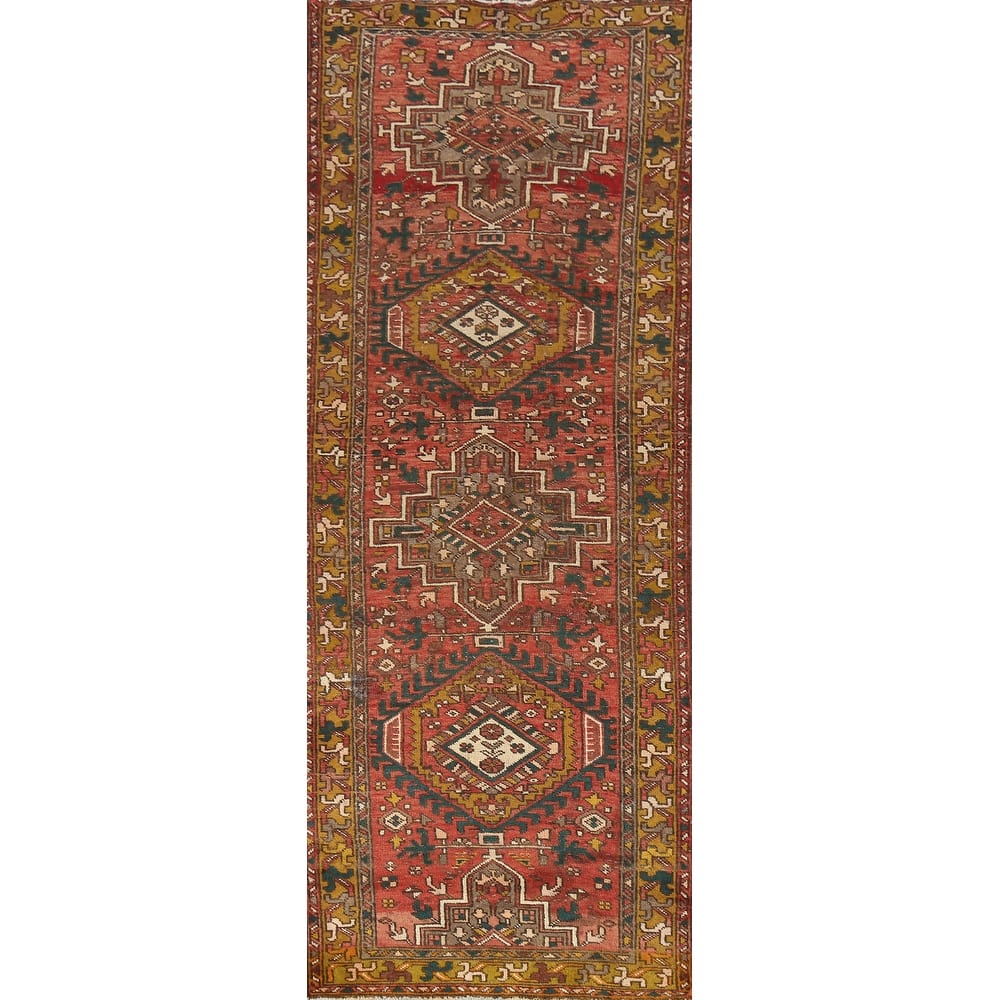 Hand Knotted Oriental 100% Wool Carpet Traditional Geometric Red Heriz Runner Rug - 10' 3'' X 3' 2''