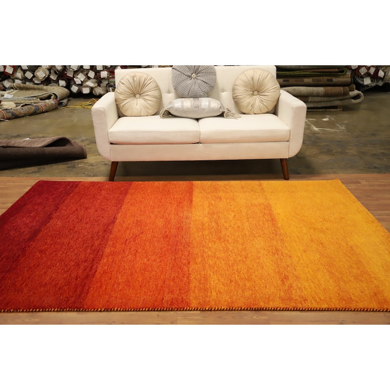 Hand Knotted Oriental 100% Wool Carpet Modern Stripe Oranges & Rust Gabbeh Area Rug - 8' 1'' X 5' 5''