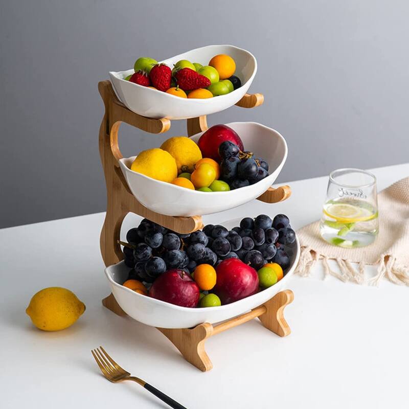 3 Tier Ceramic Fruit Bowl With Bamboo Wood Stand for Kitchen Counter,Porcelain Fruit Basket for Vegetable Storagee