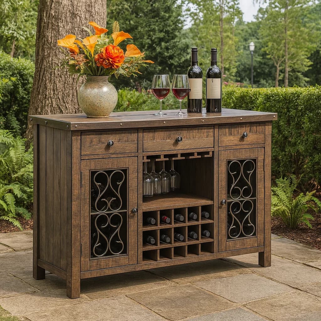 Ral 56 Inch Wood Sideboard Wine Bar Cabinet, Metal Scroll, Rustic Brown